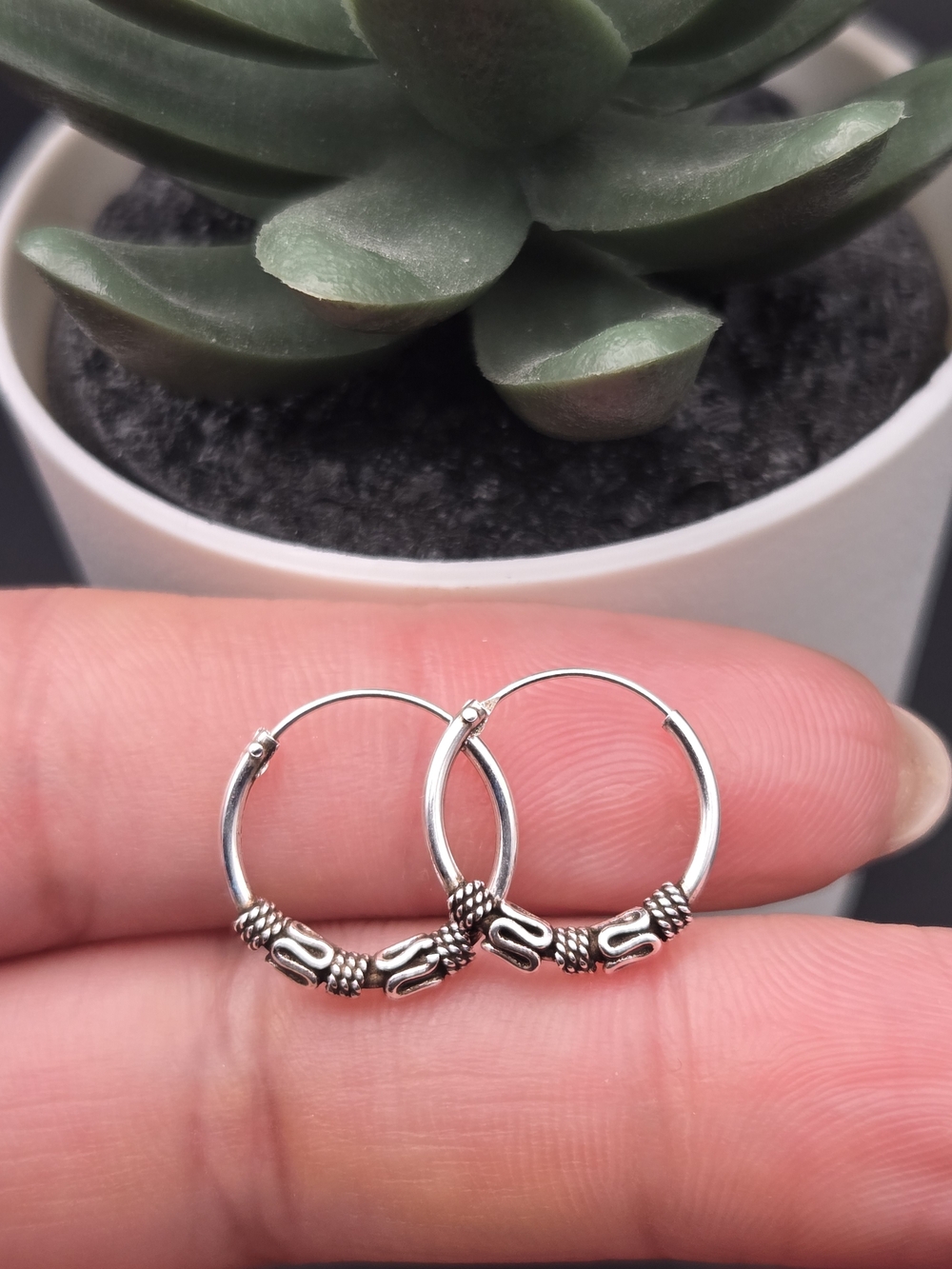 925 Sterling Silver Tiny Bali, Bohemian Hoop Earrings with Decorative Beads